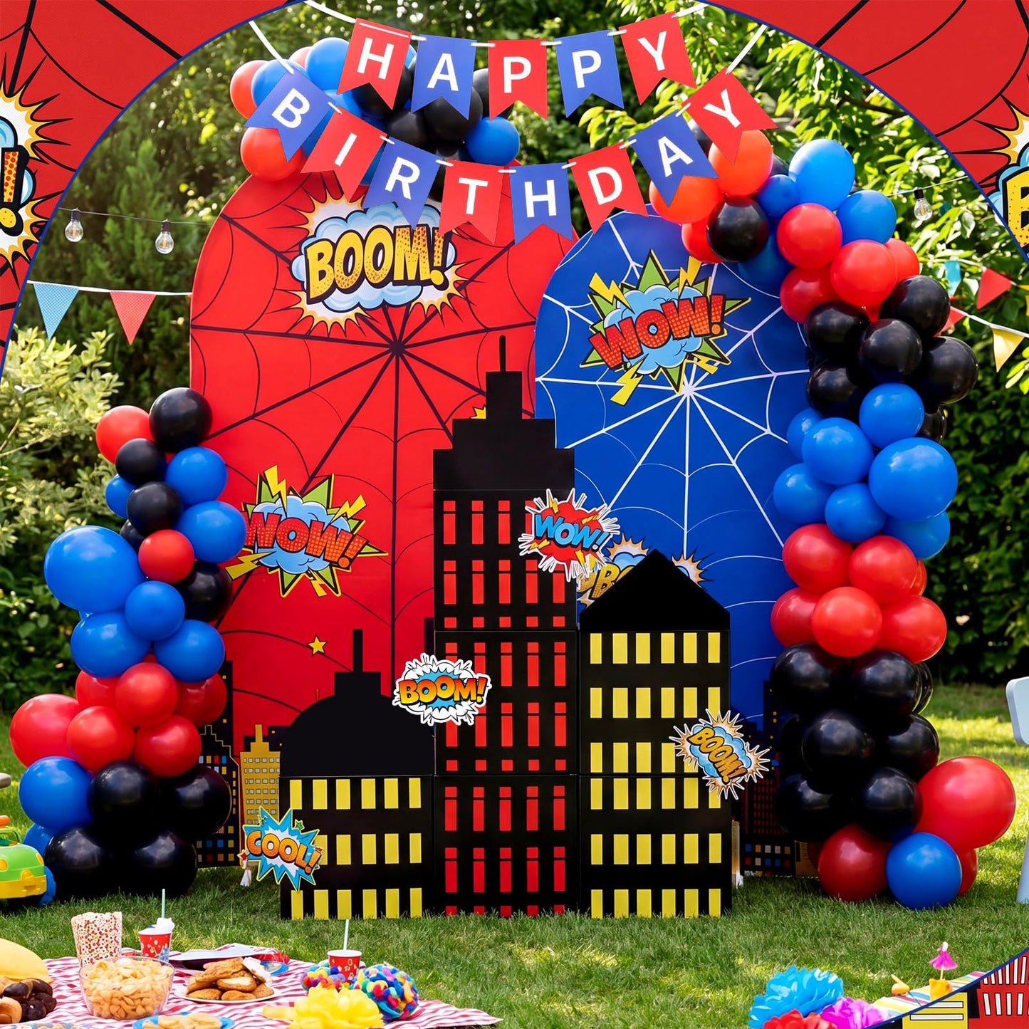 Outus 48 Pcs Spider Web Arch Backdrop Cover Balloons Skyscraper City Boxes Set 7.2ft/6ft Birthday Party Decorations for Photo Props Indoor Outdoor Cosplay Wedding Baby Shower Halloween Backdrop Decor