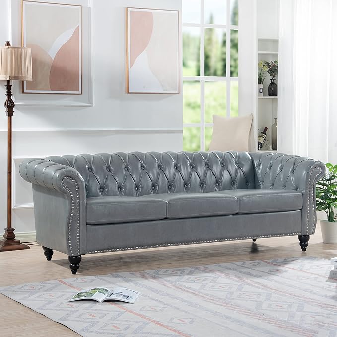 LEVNARY Chesterfield Sofa, Classic Tufted Upholstered Leather Couch, Modern 3