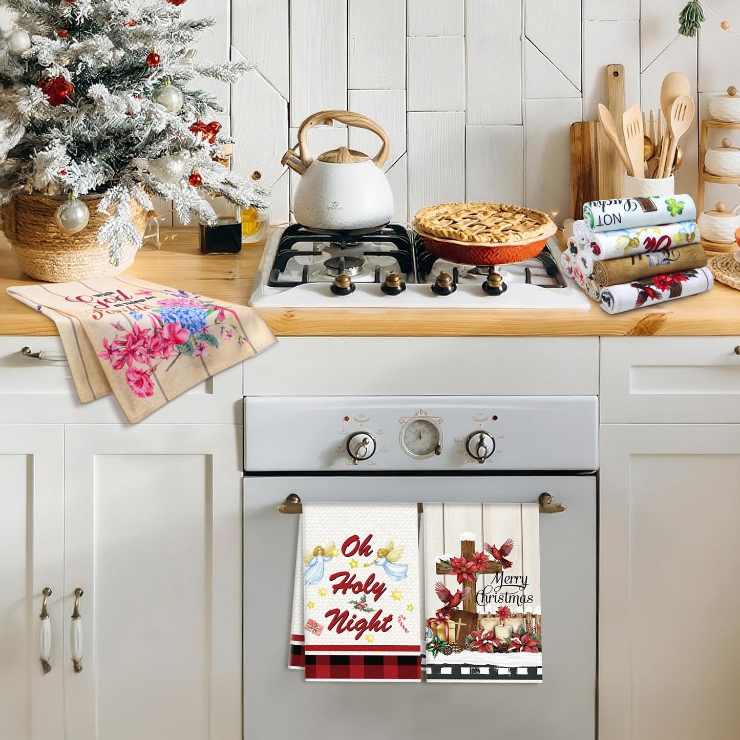 Mindsoft 12 Pcs Christian Seasonal Kitchen Towels 16 x 24 Inch Religious Cross Flower Dish Towels with Hanging Loop Christian Gifts for Women Men Absorbent Dishcloth for Oven Door Housewarming Decor