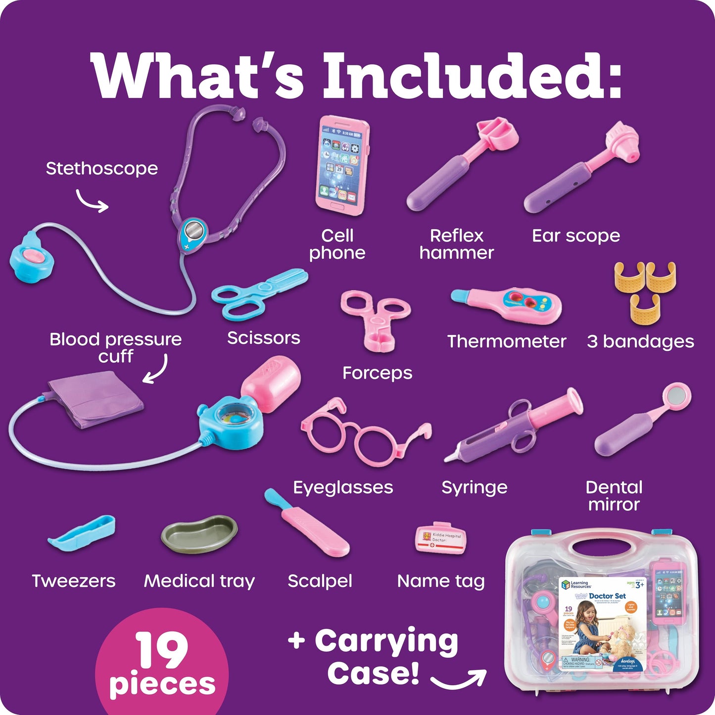 Learning Resources Pretend & Play Doctor Set, Pink - Toddler Pretend Play Toys, Dress Up Doctor Kit, Toy Medical Kits, Kids Dr Set, Kids Stethoscope Toy, Birthday Gift for Boys and Girls
