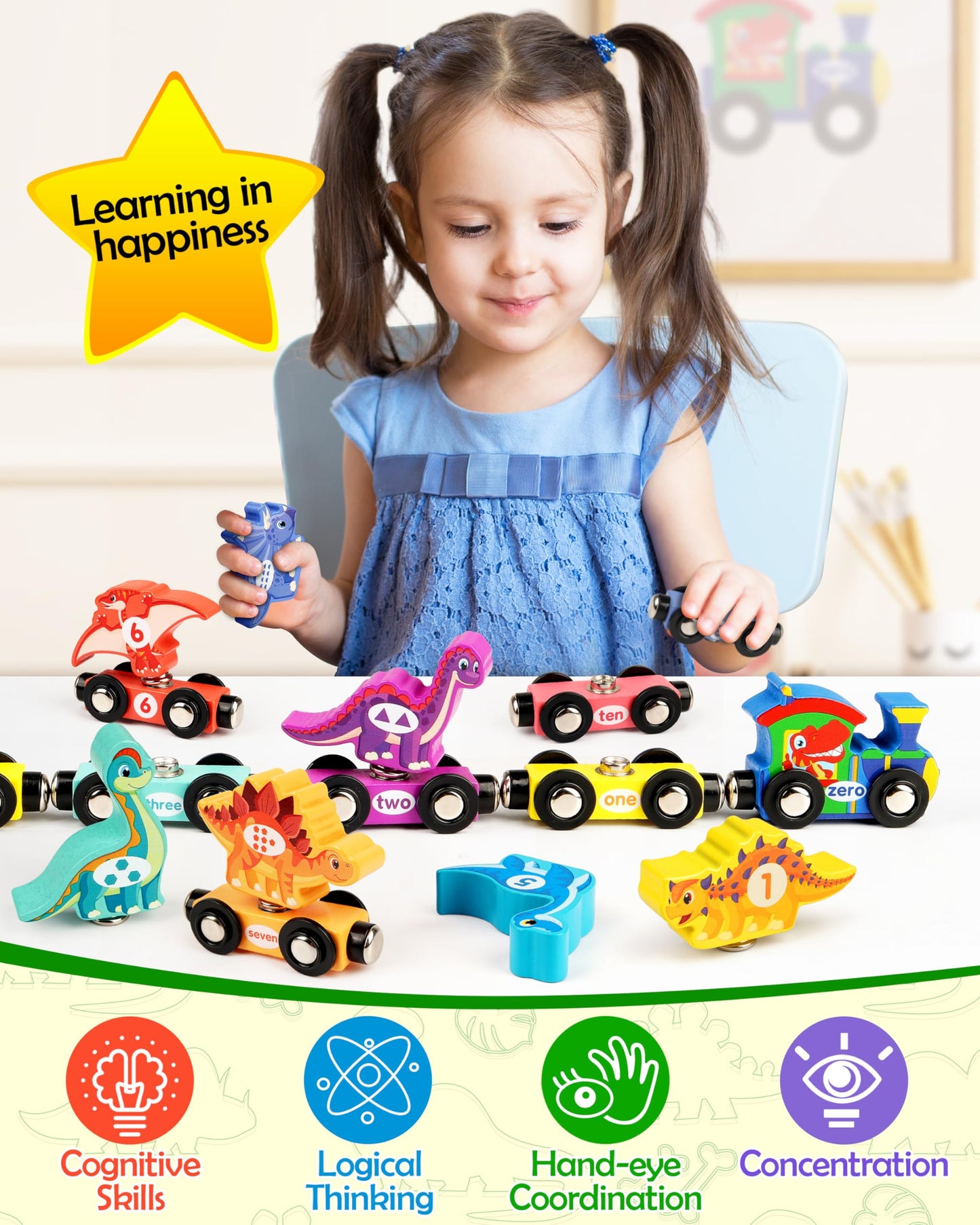 Vanmor Wooden Dinosaur Train Set for Toddlers - Magnetic Dinosaur Toys and Number Train, Montessori and Educational Toys Preschool Learning Activities for Kids, Birthday Gifts for Boys, Girls