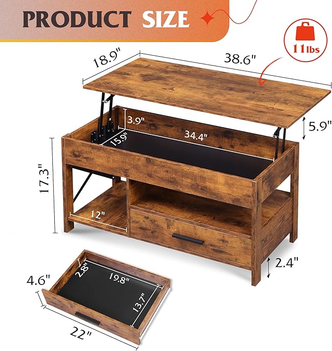 WLIVE Lift Top Coffee Table, Hidden Compartment, Wooden Lift Tabletop Center