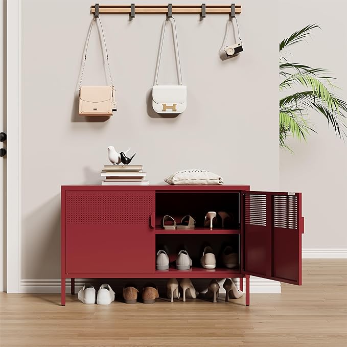 Metal Storage Cabinet, 2 Door TV Stand, Metal Mesh Accent Cabinet, Magnetic