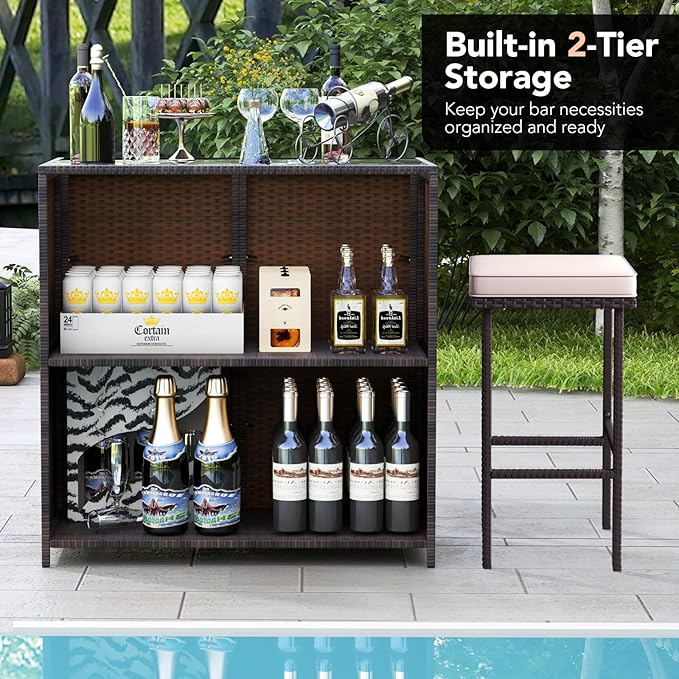Tangkula 3 Piece Patio Bar Set, Outdoor Rattan Bar Table and 2 Stools