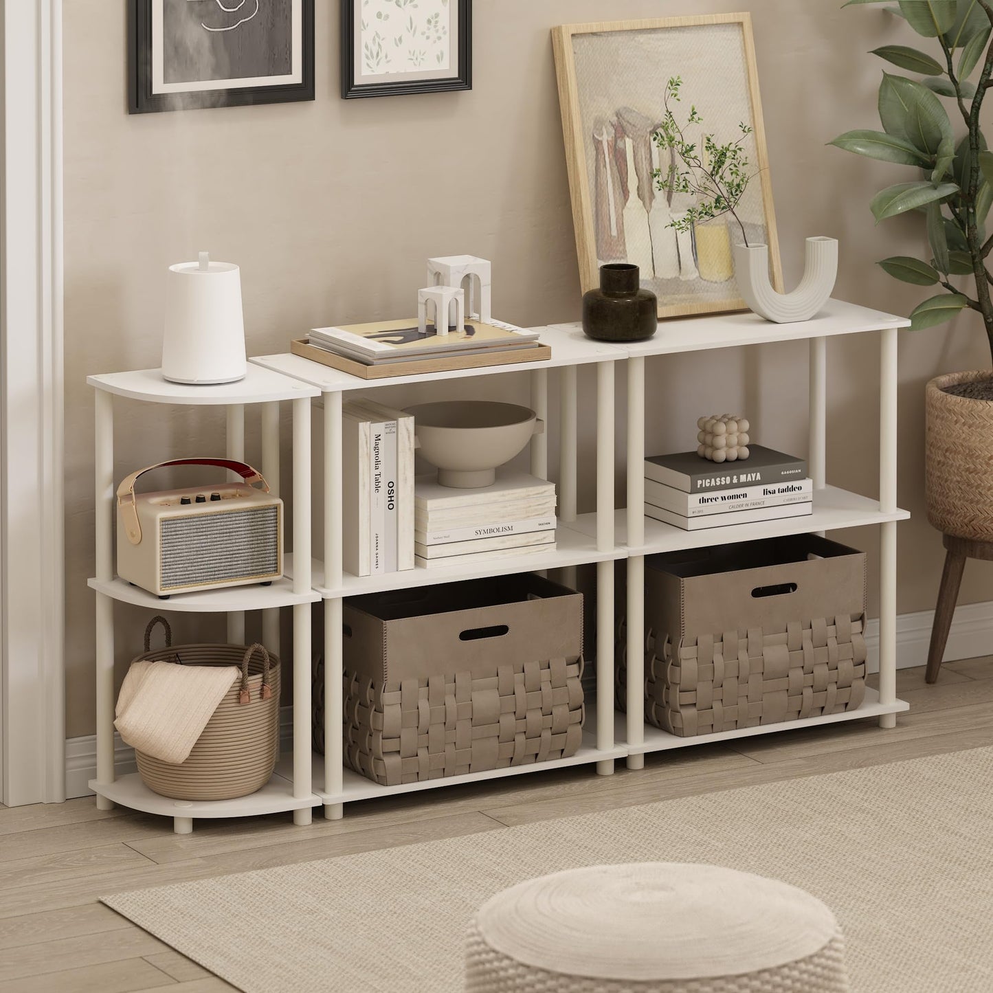 Furinno Turn-N-Tube Corner Shelf, 3-Tier Corner Bookshelf, Display Storage Shelves with Open Shelves, for Organization and Storage, Living Room, Home Office, Garage, White