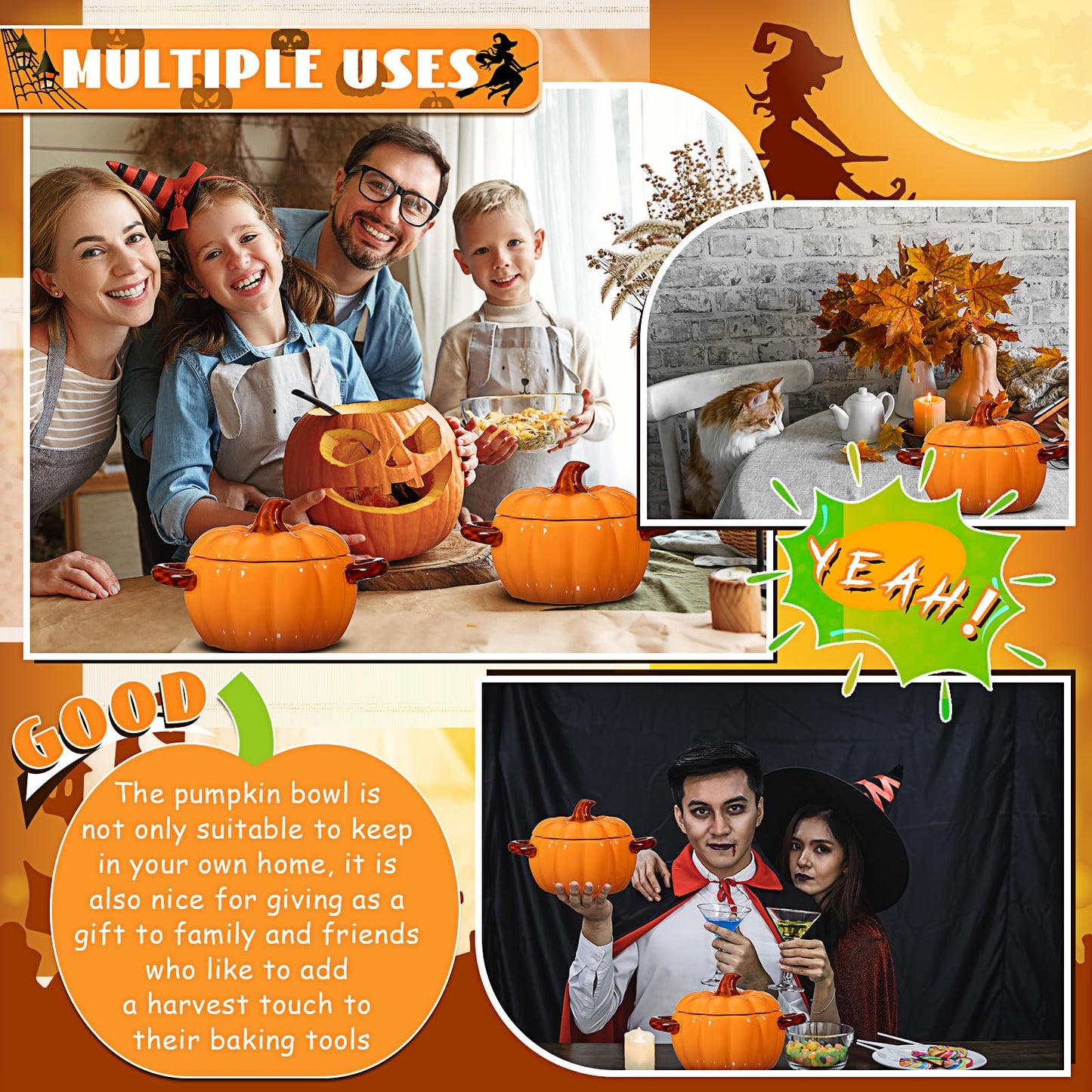 Uiifan 2 Pcs Pumpkin Bowl Ceramic Pumpkin Pot for Cooking Thanksgiving 17 oz Casserole Cookware Soup Dish Orange Cute Safe Oven Pot with Lid Double Ear for Fall Halloween Autumn Baking