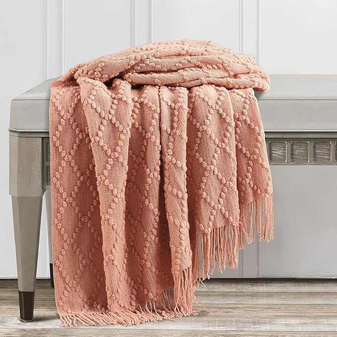 BOURINA Orange Throw Blanket 50 x70 Inches Jacquard Argyle Throw Textured Solid