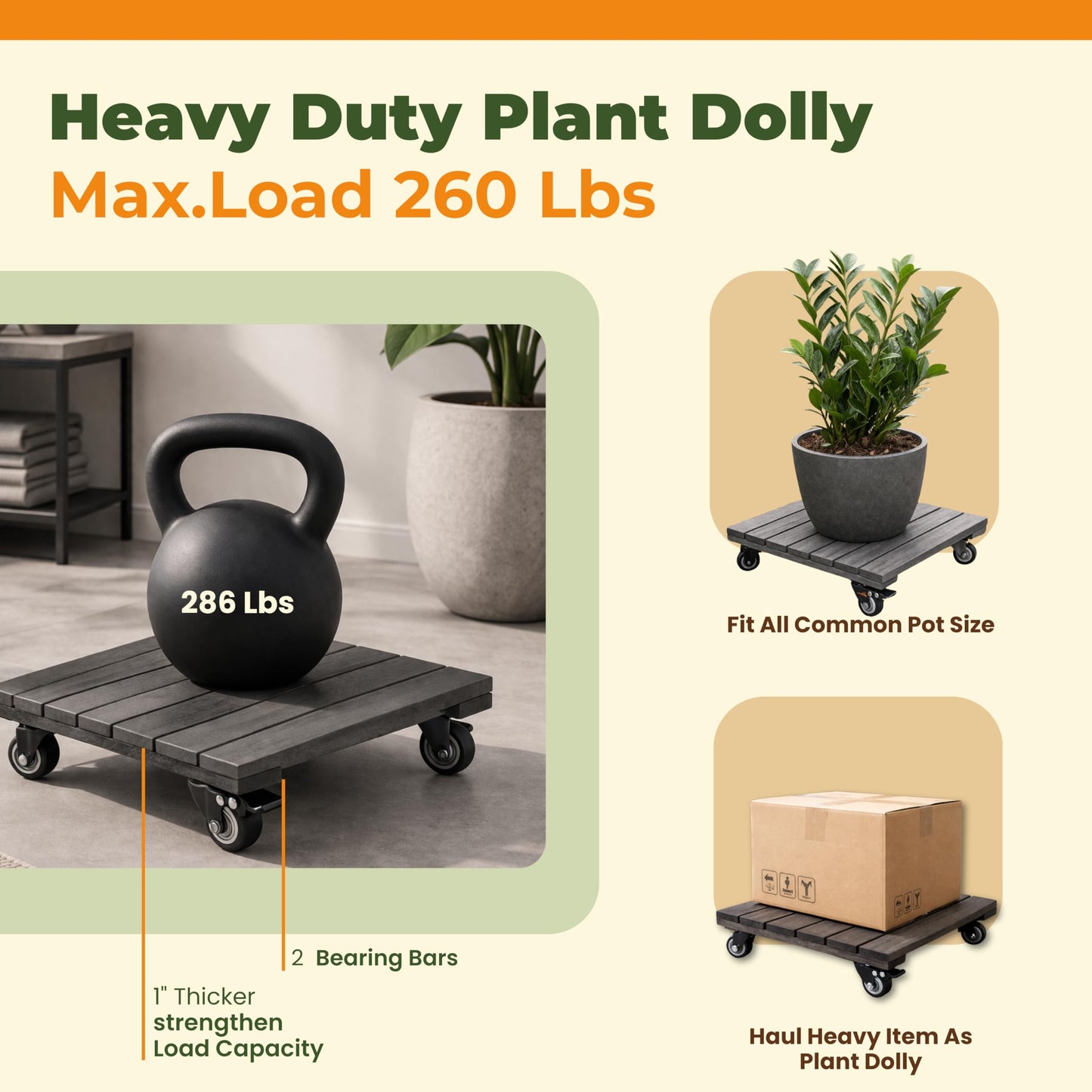 Jurax 14 Inch Wood Plant Caddy with Wheels – Heavy Duty Plant Dolly Holds Up to 286 lbs, 360° Lockable Casters, Rolling Plant Stand Indoor Outdoor for Large Pots – 2 Packs, Square-Rustic