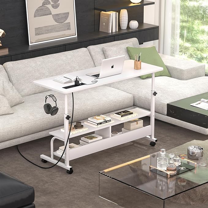 Armocity Height Adjustable Standing Desk with Power Outlets, 47" Manual Stand Up Desk with Storage Shelves Small Mobile Rolling Computer Desk Portable Laptop Table with Wheels for Home Office, White