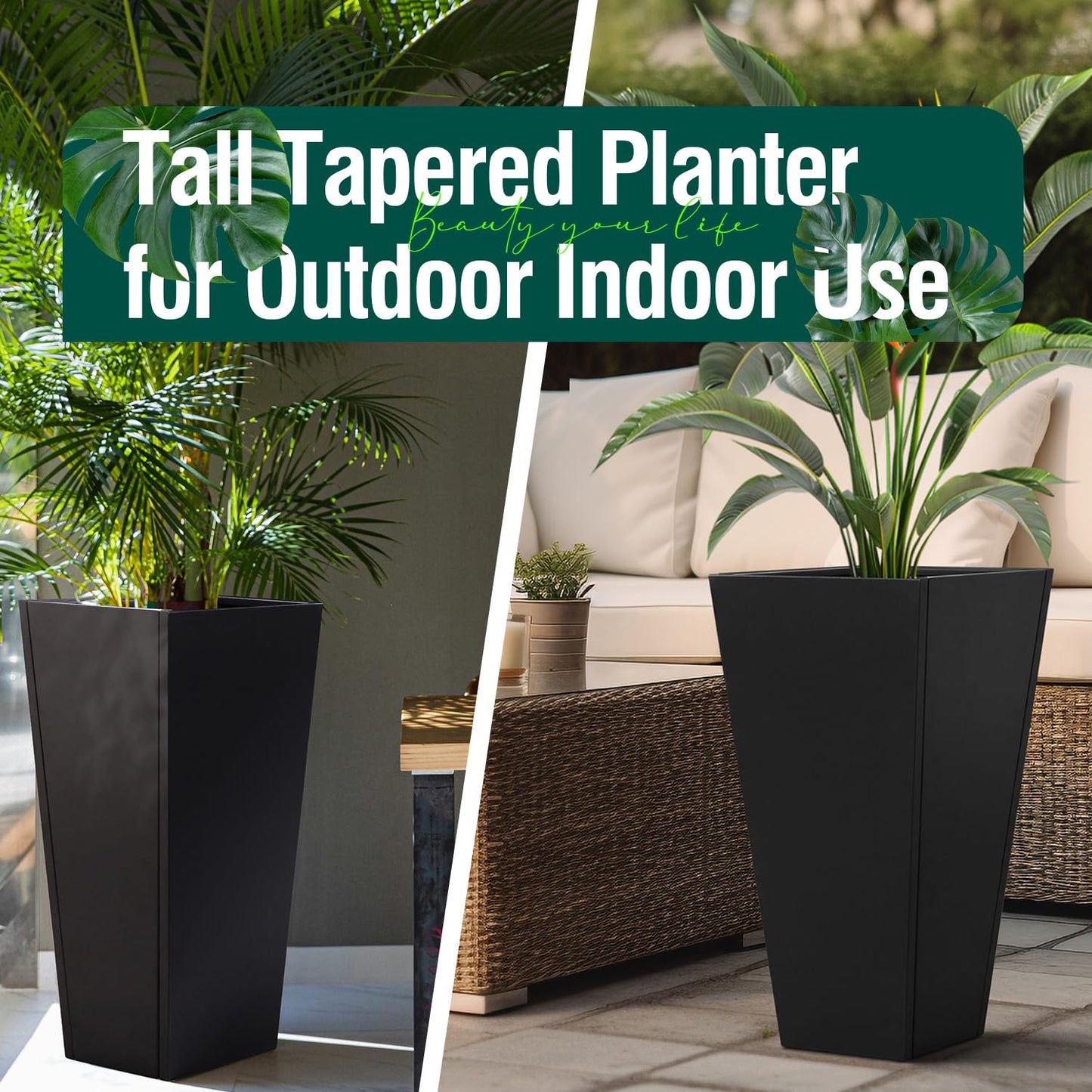 Tall Black Planter Tapered Metal Modern Flower Plant Pot Black Square Galvanized Steel Planter 30In Indoor Outdoor for Front Porch Garden Patio Grande Plant Tree Commercial Residential Heavy Duty