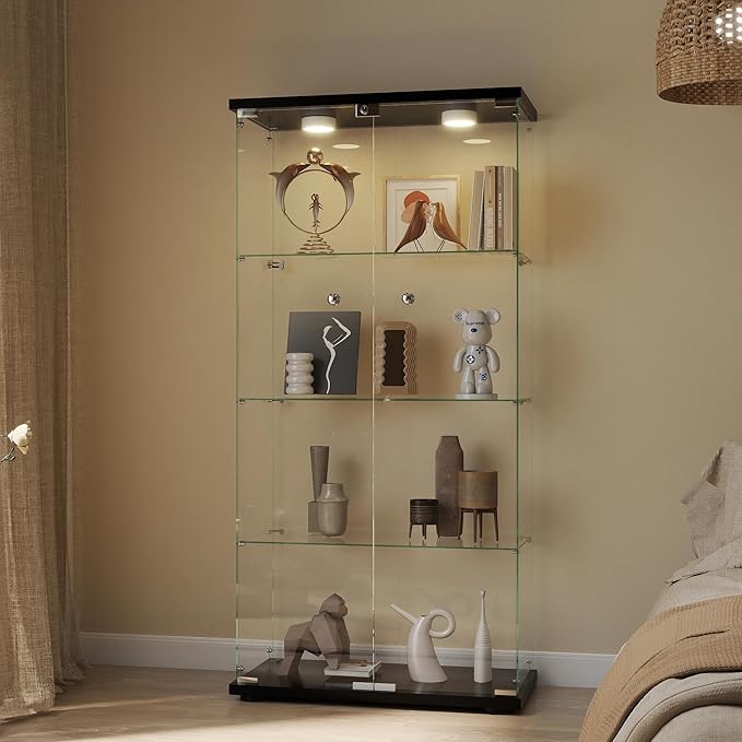 Display Cabinet with Light, Glass Door and Lock, 4-Shelf Fast Installation in