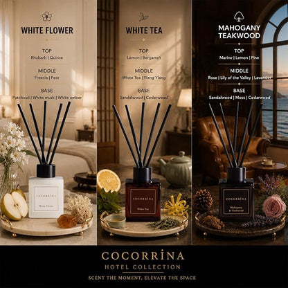 COCORRÍNA Hotel Collection Reed Diffuser Set, 3.04 fl oz Trio, Mahogany Teakwood, White Flower & White Tea, Home Fragrance for Bathroom, Bedroom, Entryway & Office