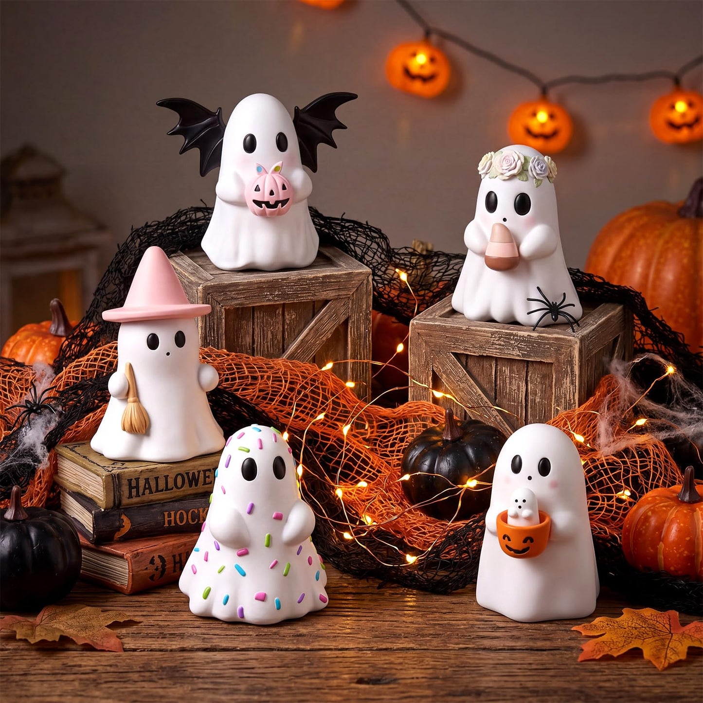 Simgoing 5 Pcs Halloween Cute Ghost Figurines Resin Pastel Halloween Decorations Ghost Figurine with Pumpkin Bucket, Witch Hat, Bat, Candy, Flower Spooky Statue Home Decor for Table Tiered Tray Mantel