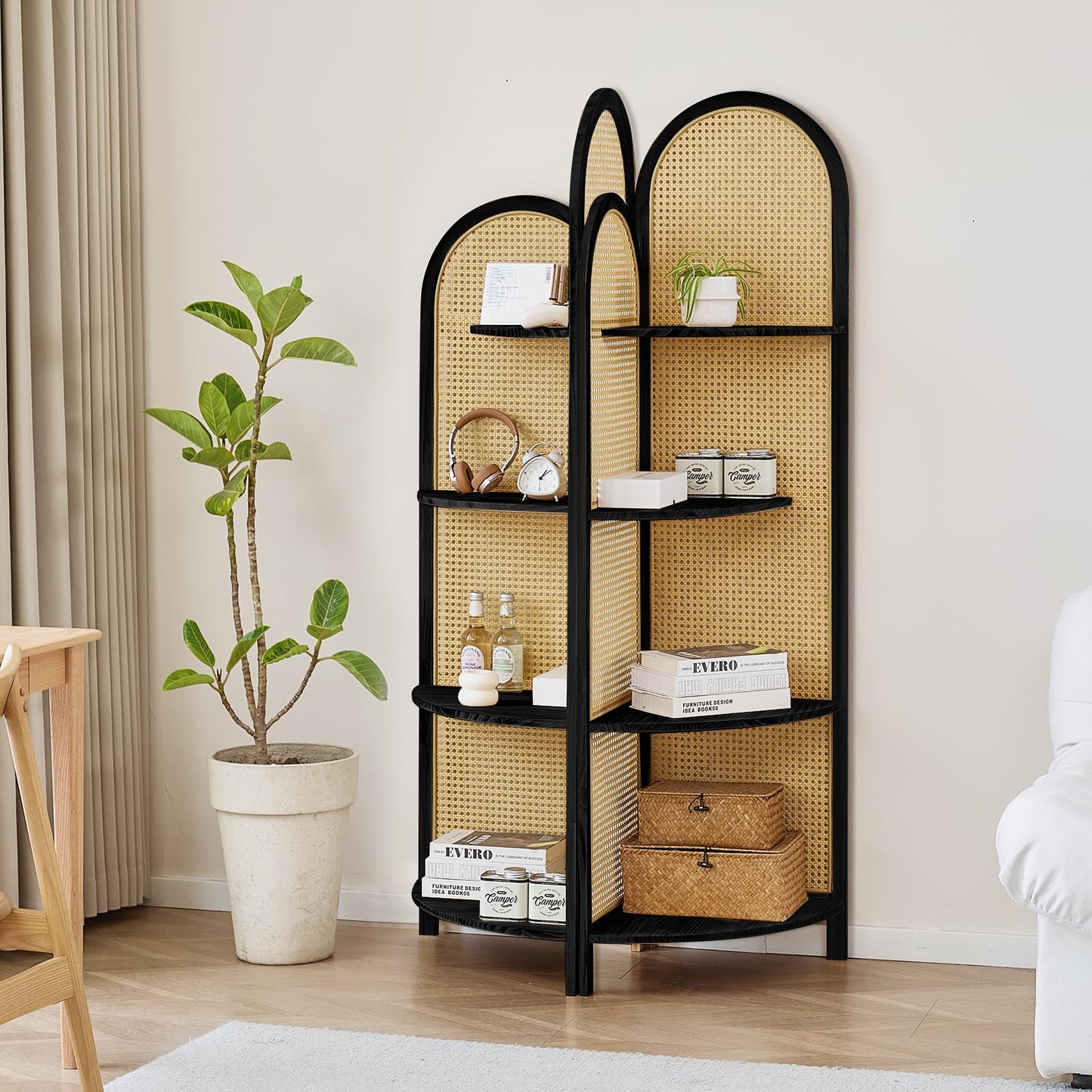 Aletheiawu Corner Shelf Stand 4-Tier 70" Corner Shelves Display Shelf Pine Wood Frame with Rattan Wall Corner Bookshelf Multi Unit Organizer Rack with Legs for Living Room Decor,Small Space (Black)