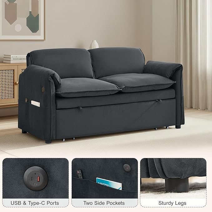 63" Velvet Convertible Sleeper Loveseat Sofa Bed, Pull Out Couch Bed