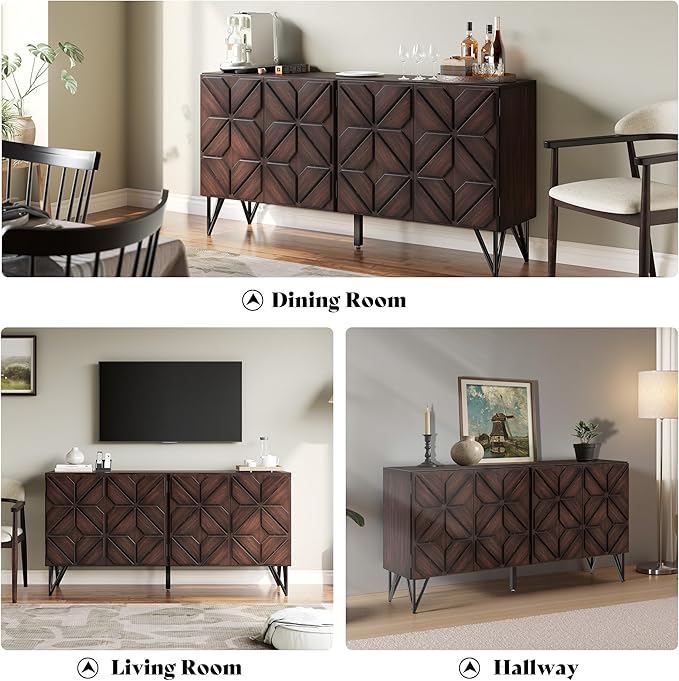 AMERLIFE 63” Solid Acacia Wood Sideboard Buffet Cabinet, Hand-Carved Geometric