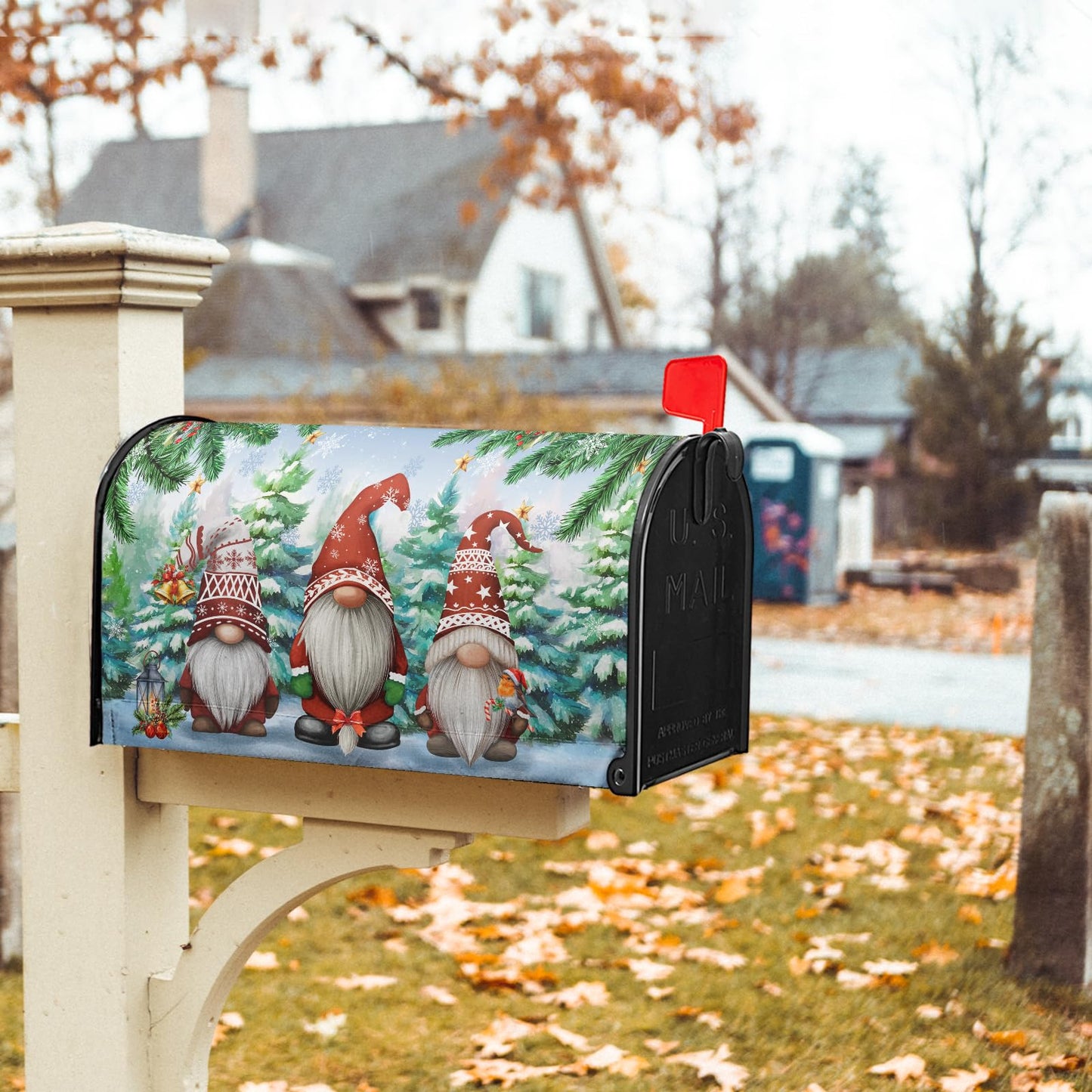 Sweetshow Winter Gnomes Xmas Mailbox Covers Magnetic Standard Size 18" X 21",Green Pine Tree Snowflake Mailbox Wraps Post Letter Box Cover for Holiday Garden Yard Decor