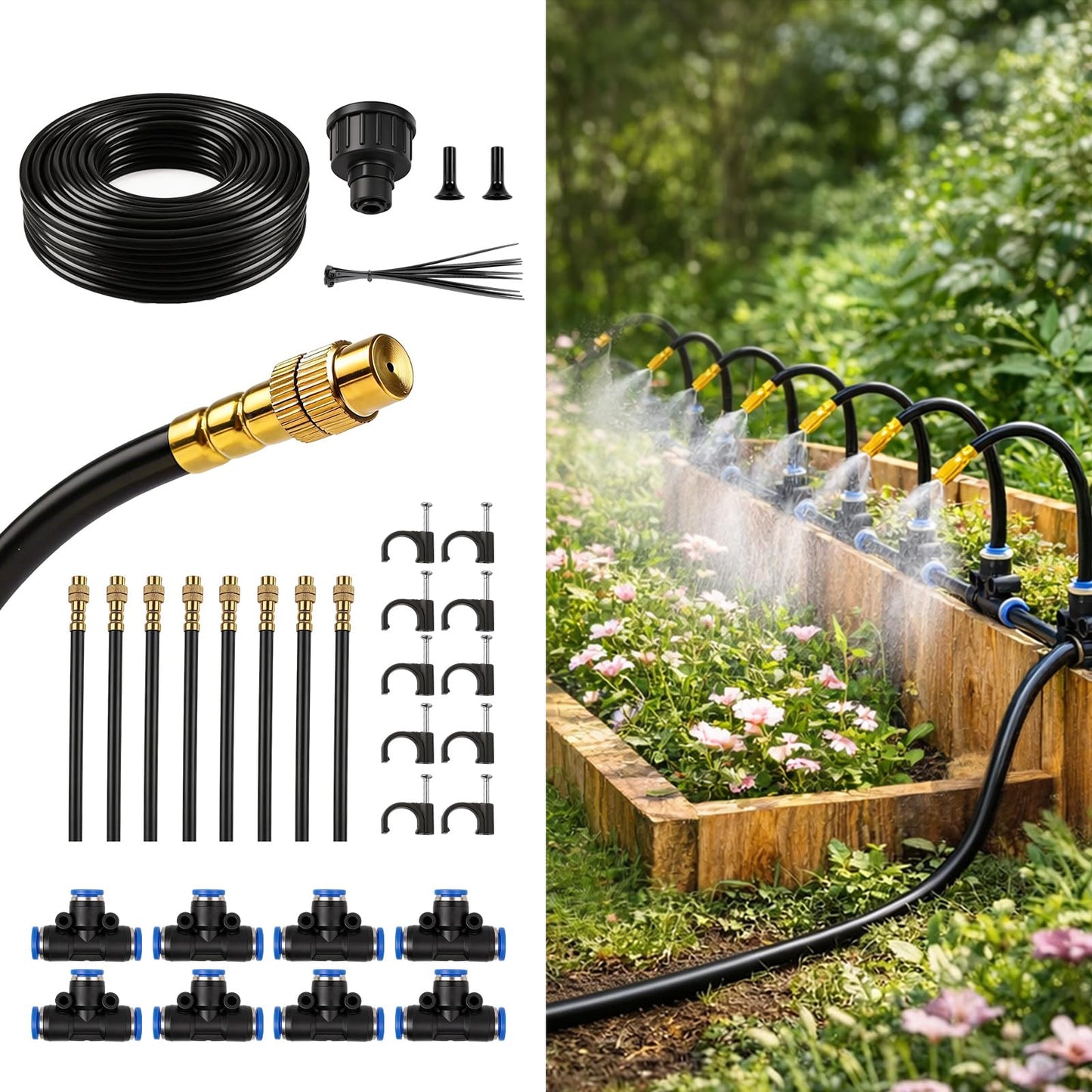 Drip Irrigation Kit for Garden 30FT, 360° Adjustable Watering System with 1/4" Tubing, Brass Misting Nozzles, DIY Micro Irrigation System for Potted Plants, Patio, Greenhouse
