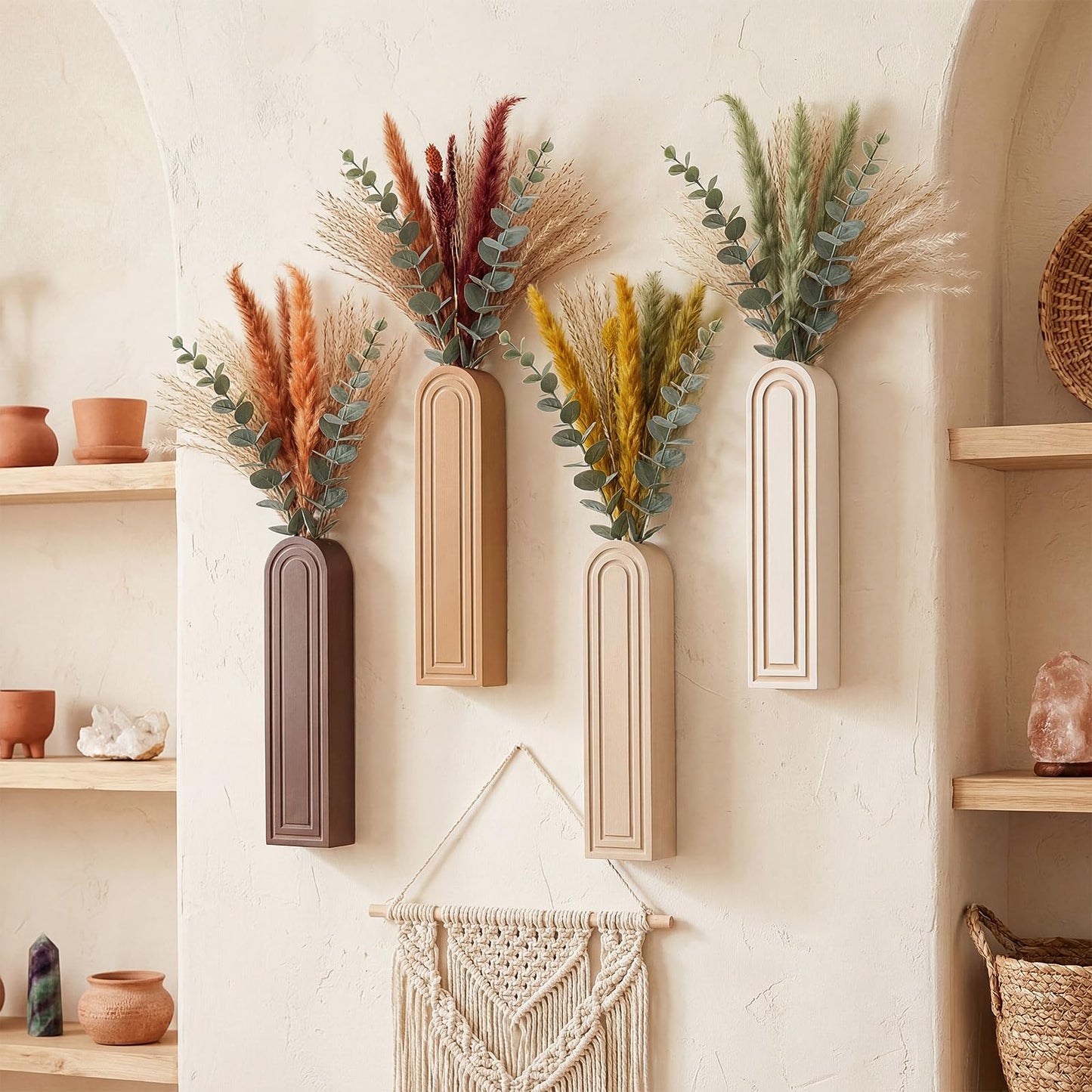 Ferrochef 4 Pack Wooden Wall Vase Set, Boho Hanging Planter Arched Vase Decor, Wood Wall-Mounted Plant and Flower Holders for Modern Farmhouse Bathroom Living Room Entryway Rustic Decor