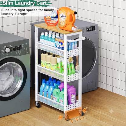 Slim Rolling Storage Cart, Laundry Room Organization and Storage Shelves for Between Washer and Dryer, Narrow Shelf Unit for Small Spaces, 4 Tier Thin Organizer Carts with Wheels for Bathroom, Kitchen