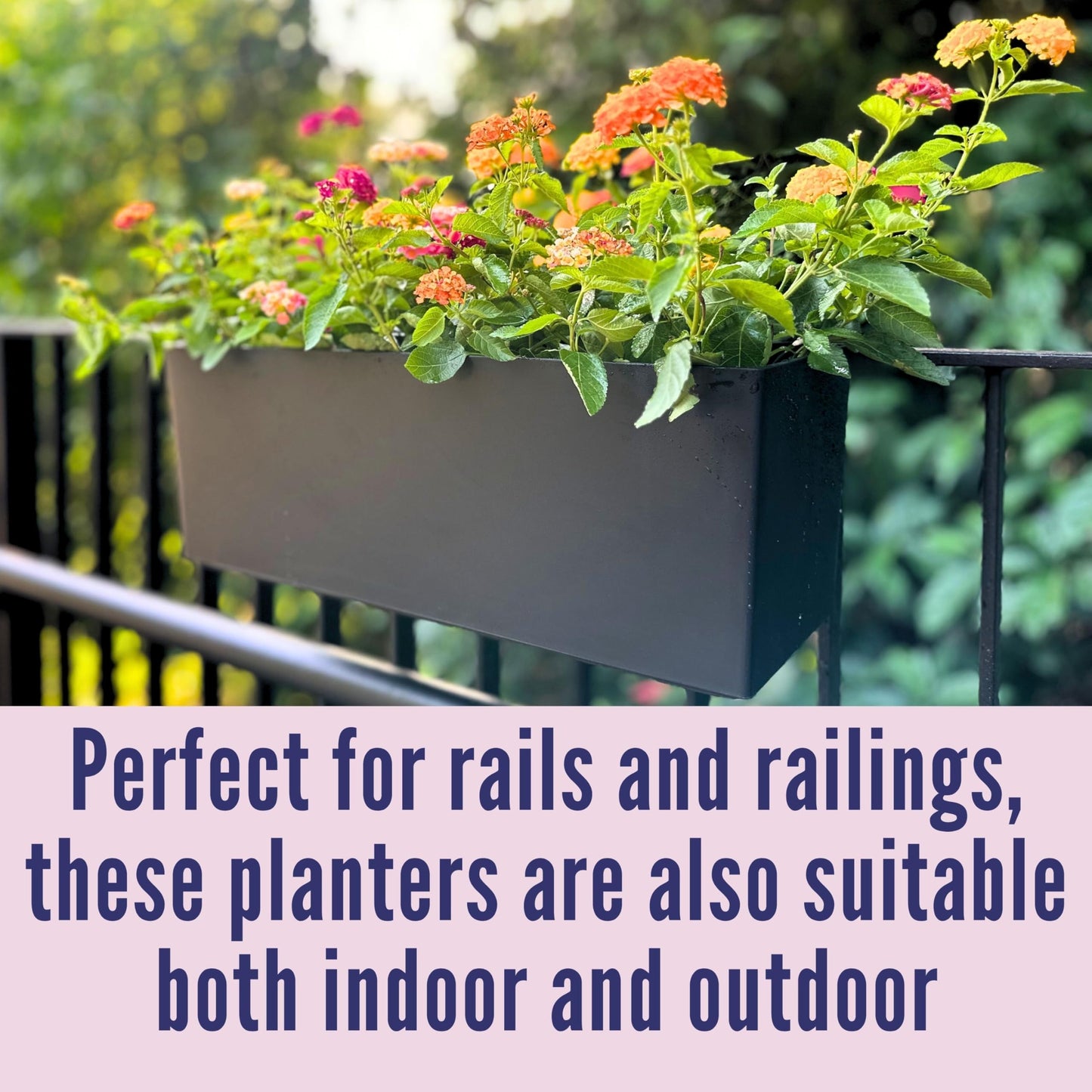 LaLaGreen Deck Railing Planter Boxes (14 Inch, 4 Pack) Self-Watering Window Box Planters with Brackets, Rectangular Hanging Flower Pots for Balcony Fence, Herb Garden Outdoor Black Plastic Planters