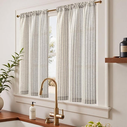 jinchan Striped Linen Kitchen Curtains 45 Inches Tier Curtains Farmhouse Modern Cafe Style Small Window Treatments Airy Light Filtering Rod Pocket for Living Room Bathroom 2 Panels Taupe Grey
