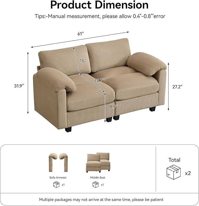 61'' Modular Loveseat Sofa, Extra Deep Seat Cloud Couch