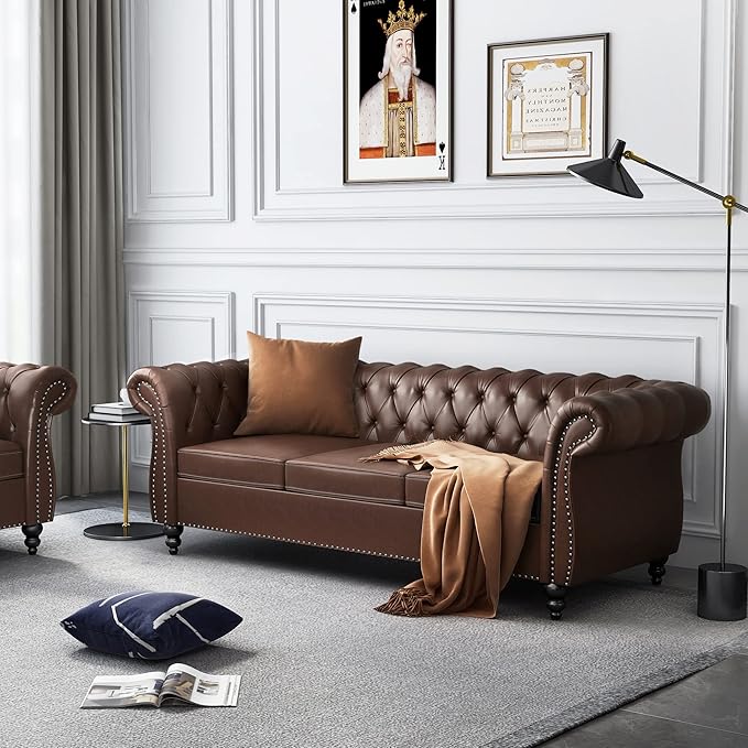 ORRD 2 Piece Living Room Set, Chesterfield Leather Sofa Loveseat Couch