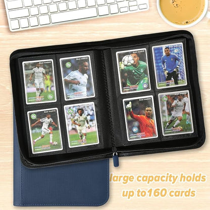 4 Pocket Ringless Side Loading Trading Card Binder, 160 Cards PU Fixed Page Zipper Card Album for TCG Sports Game Cards, Not Fit Top Loaders (Blue)