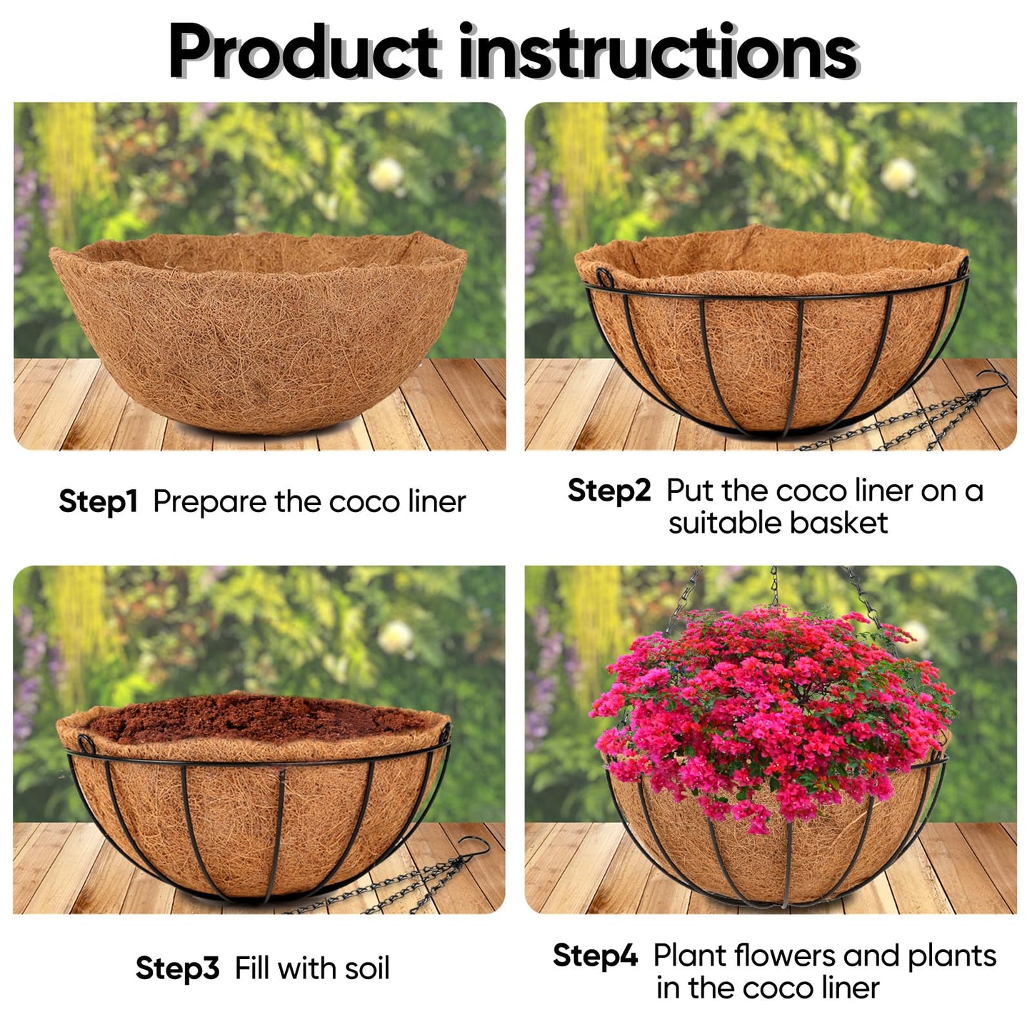 HKZ Hanging Basket Planter Plants Outdoor - 4 Pack 10 Inch Metal Hanging Planter with Coco Liners, Chain Hook Hanging Flower Pots for Indoor Outdoor Garden Porch Decoration