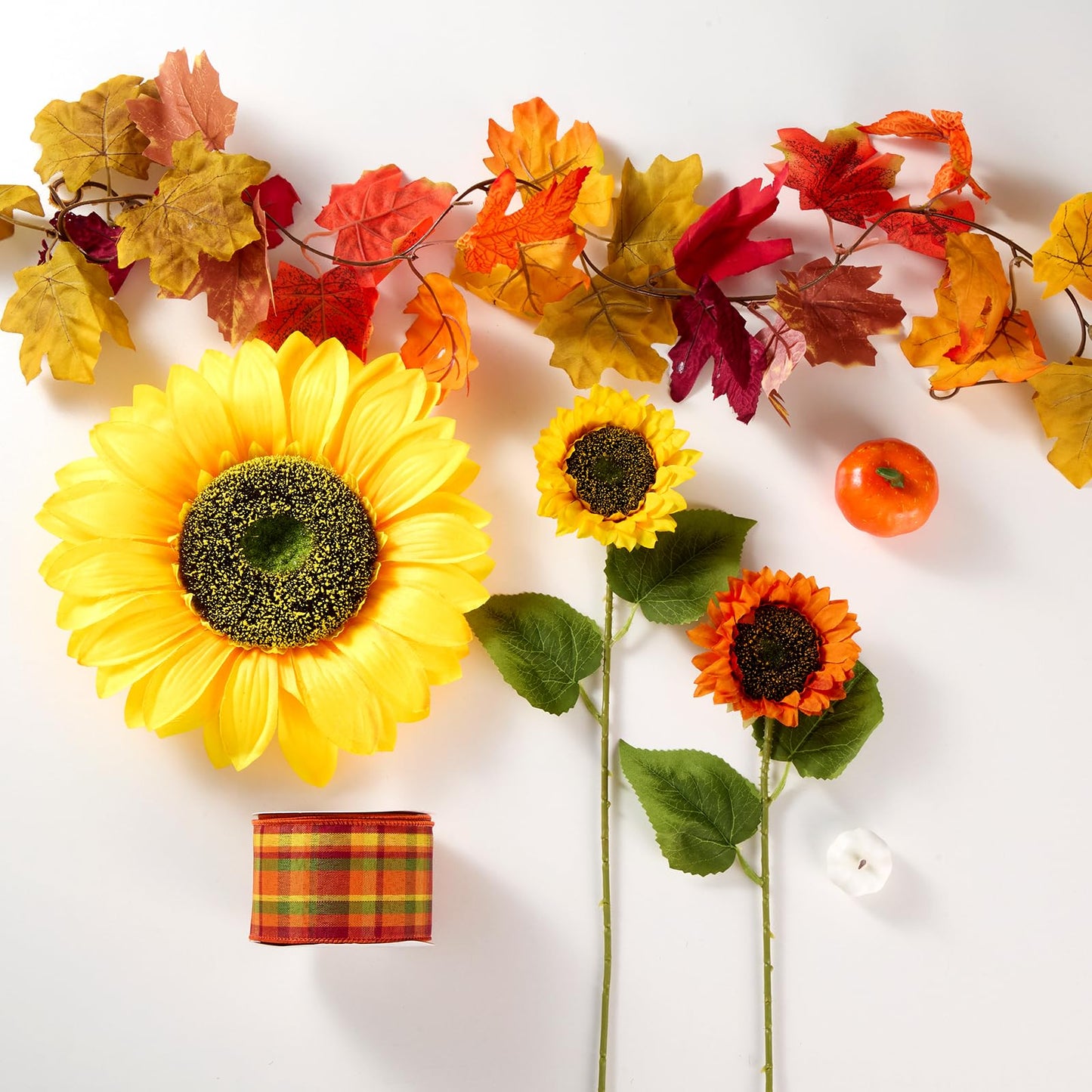 39 Pcs Fall Maple Leaf Sunflower Tree Decoration Set Leaf Garlands 2.5 Inch × 9.8 Yd Orange Harvest Ribbon Sunflower Pumpkin Thanksgiving Hanging Decor for Fall Autumn Thanksgiving Tree ﻿