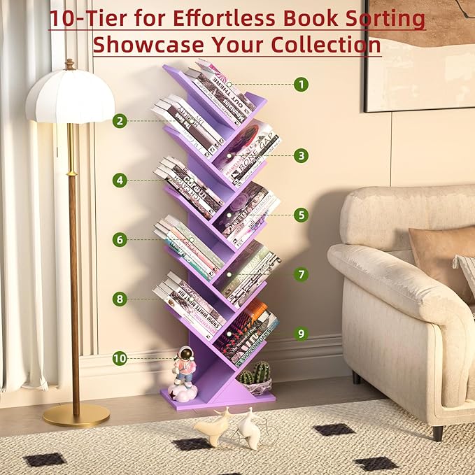 10 Tier Tree Book Shelf, Floor Standing Wood Bookshelf