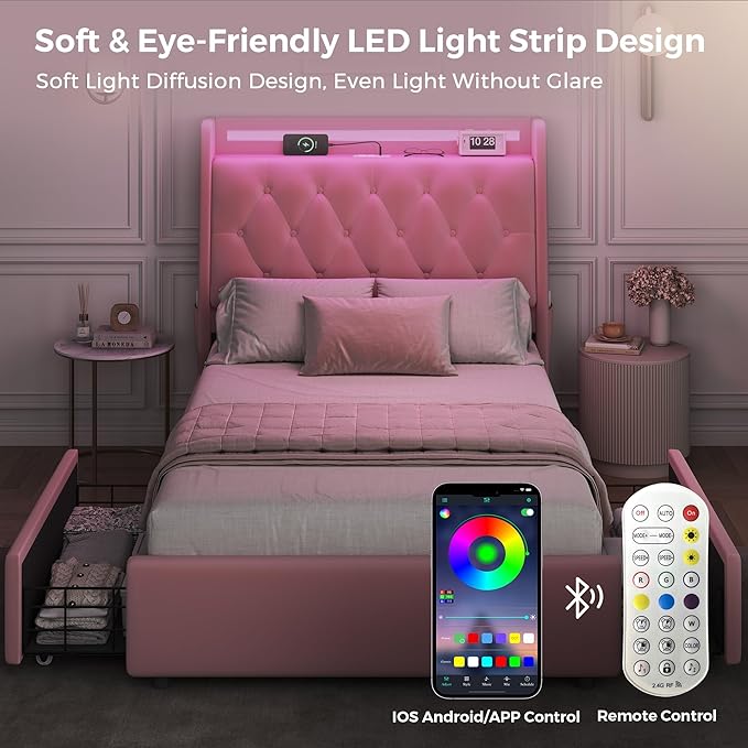 Twin LED Velvet Bed Frame with 2 Storage Drawers&Hidden Headboard, Upholstered