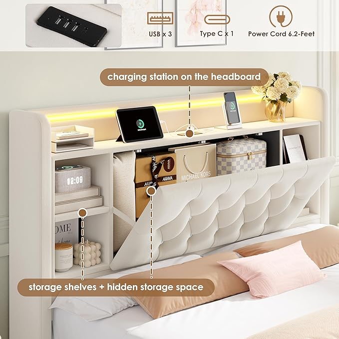 Queen Bed Frame with Drawers, Hidden-Cubby & Shelves Storage Headboard with