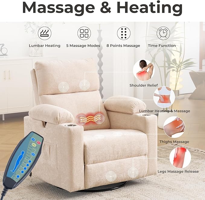 Rocking Chair Nursery with Adjustable Armrests, Electric Glider Recliner