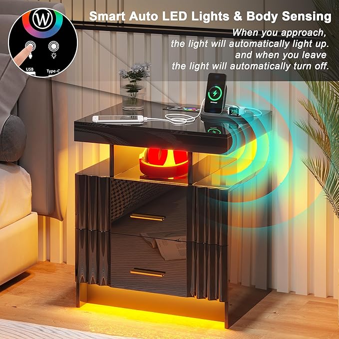 Nightstand with Wireless Charging Station, Bedroom Bedside Table with RGB Lights