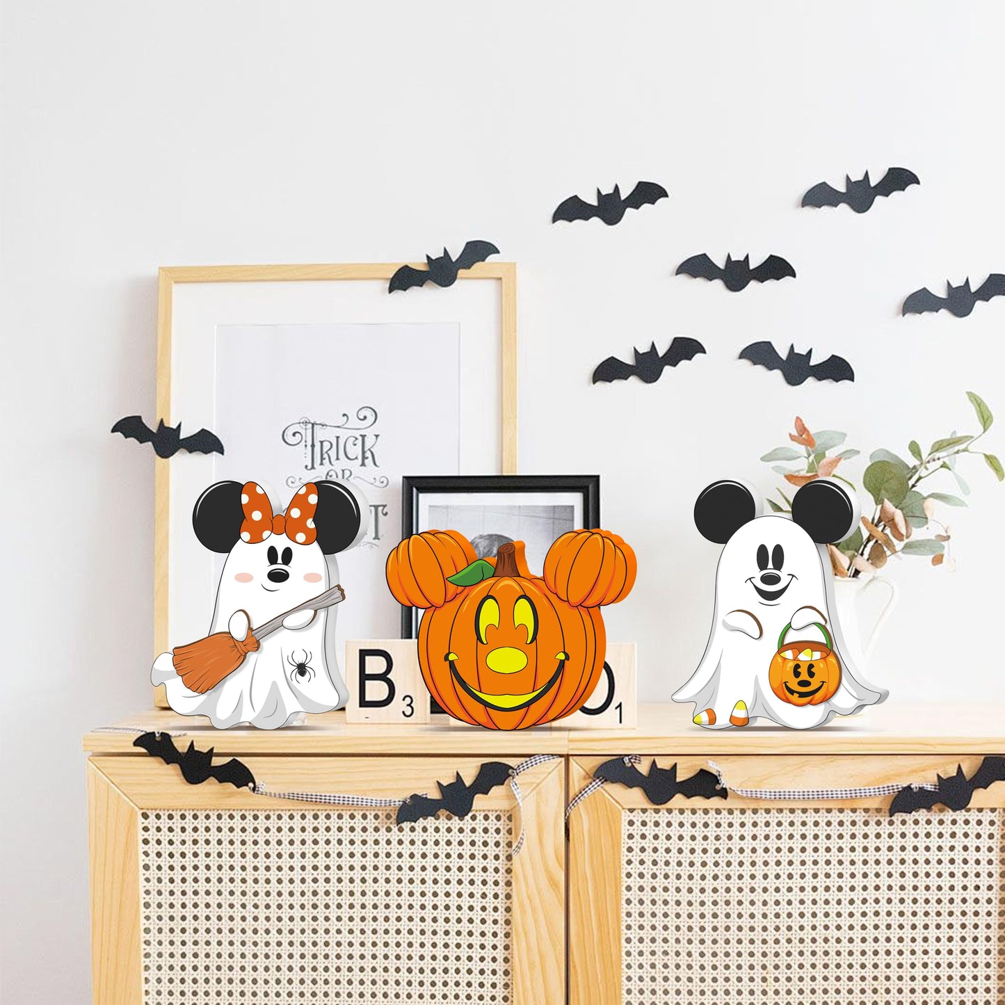 Halloween 3D Mouse Shaped Wooden Table Decor，3 Pcs Cute Pumpkin Witch Ghost Spider Wooden Tiered Tray Decor，wood Centerpiece Tabletop Ornament for Holiday Tiered Tray Halloween Party Decoration