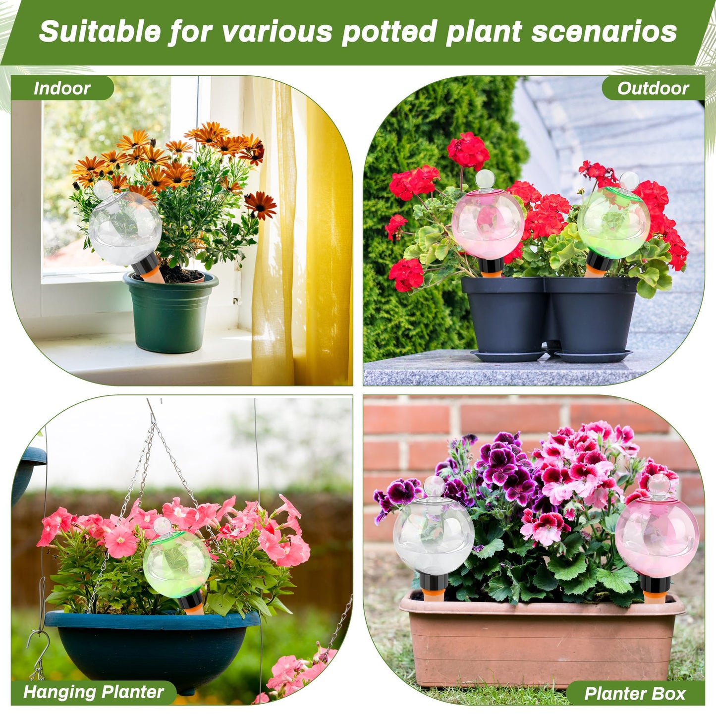 Solaradgy 4pcs Plant Watering Globes with 4 Cleaning Brushes, Colorful Self Watering Bulbs (2 White, 1 Green, 1 Pink), Slow Release Water Spikes, Automatic Plant Watering Devices for Indoor Plants