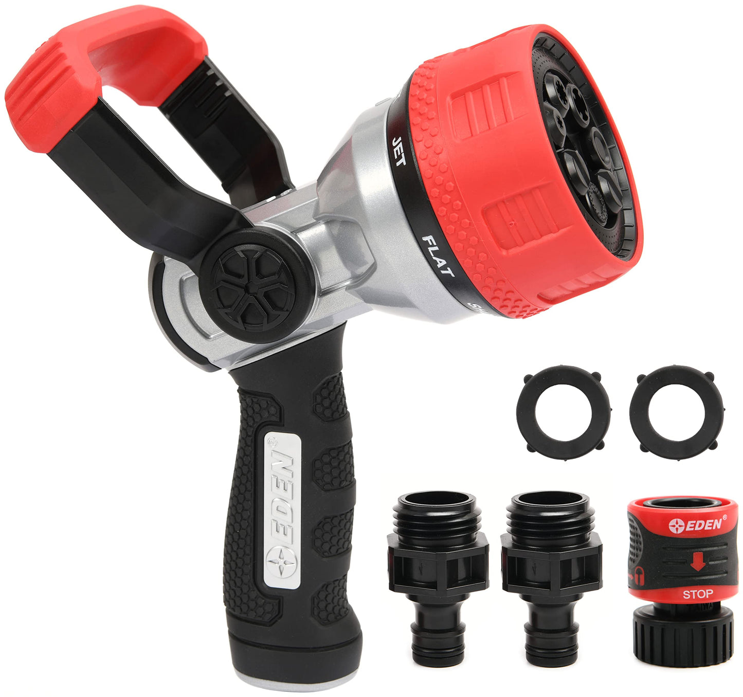Eden 96806 Heavy-Duty Metal Fireman Hose Nozzle | 7 Spray Patterns, High-Pressure Garden Sprayer with Quick Connect Set & Bonus Washers