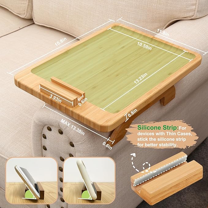 SINWANT Couch Arm Tray Table, Large Bamboo Couch Armrest Table