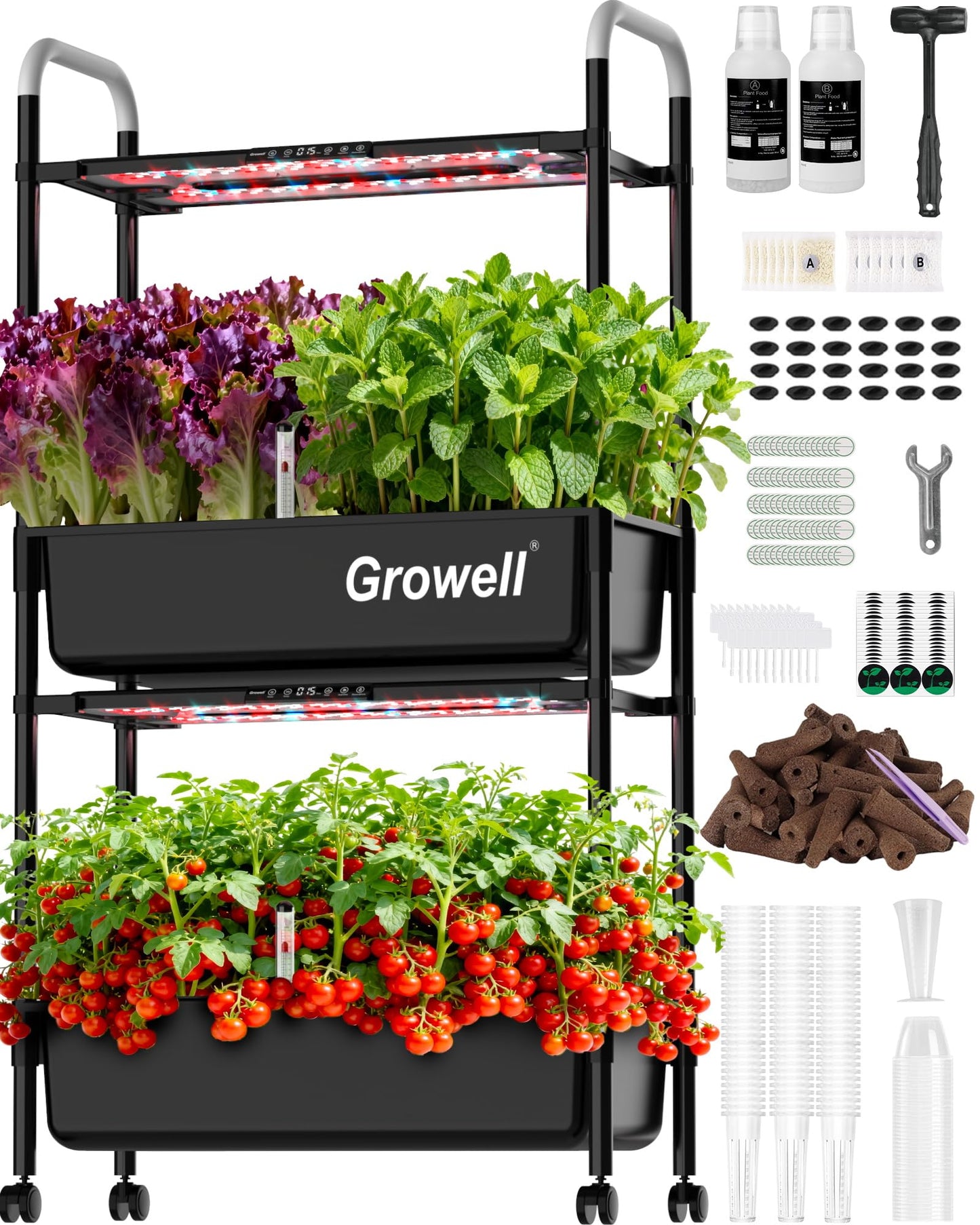 Growell Large Hydroponics Growing System Kit, 54 Pods Vertical Indoor Herb Garden Kit with LED Grow Light & Independent Water Pump, 28L Movable Indoor Planter Perfect Gardening Gifts (2 Tier-Black)