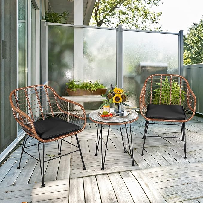 Tangkula 3 Pieces Patio Conversation Bistro Set, Outdoor Wicker Furniture