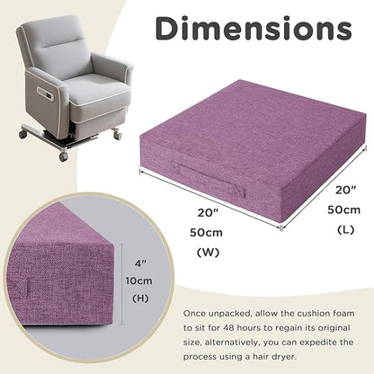 AddGrace Recliner Cushions for Elderly Thick Seat Cushion 20"x20"x4" Chair Pads with Non Slip Backing and Washable Cover for Couch Armchair Chairs Purple