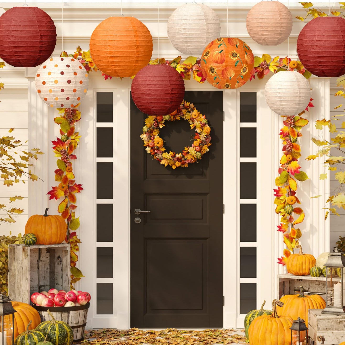 Bencailor 12 Pcs Thanksgiving Paper Lanterns Fall Paper Lanterns Hanging Decorative Round Autumn Decor for Harvest Theme Party Decorations, 8/10/12 Inches (Red,Orange)