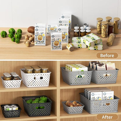 MaxGear 3 Pack Plastic Storage Baskets, Medium, White | Durable Woven Plastic with Built-In Handles, Suitable for Shelves, Closets, Cabinets, Bathrooms and Offices