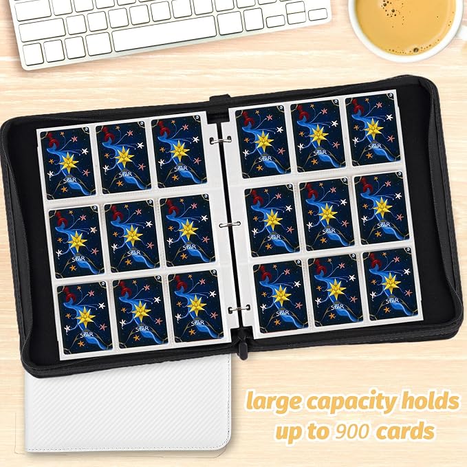 900 Pockets Round Ring Trading Card Binder, 9-Pocket Clear Zipper Card Album with Wrist Strap, Holds 900 Standard TCG & Sports Cards, Not Fit Top Loaders (Carbon White)