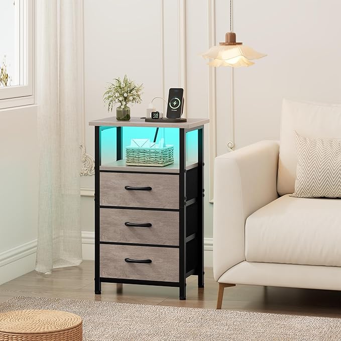 Vagusicc Night Stand with Charging Station, LED Nightstand