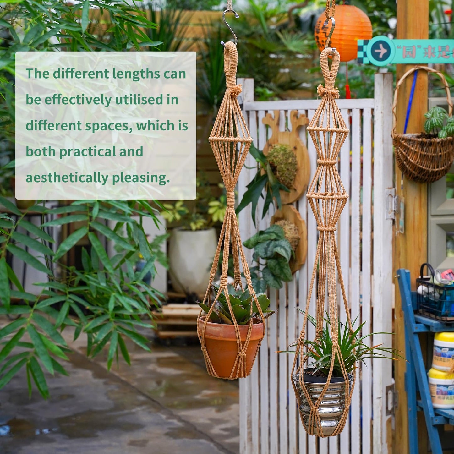 Hourglass Floating Macrame Plant Hangers 2 Pack Handmade Cotton Rope Hanging Planters Basket with S Hooks, Diamond Openwork Boho Home Decor for Indoor Outdoor, Plants Holder 35" & 39” (Caramel)