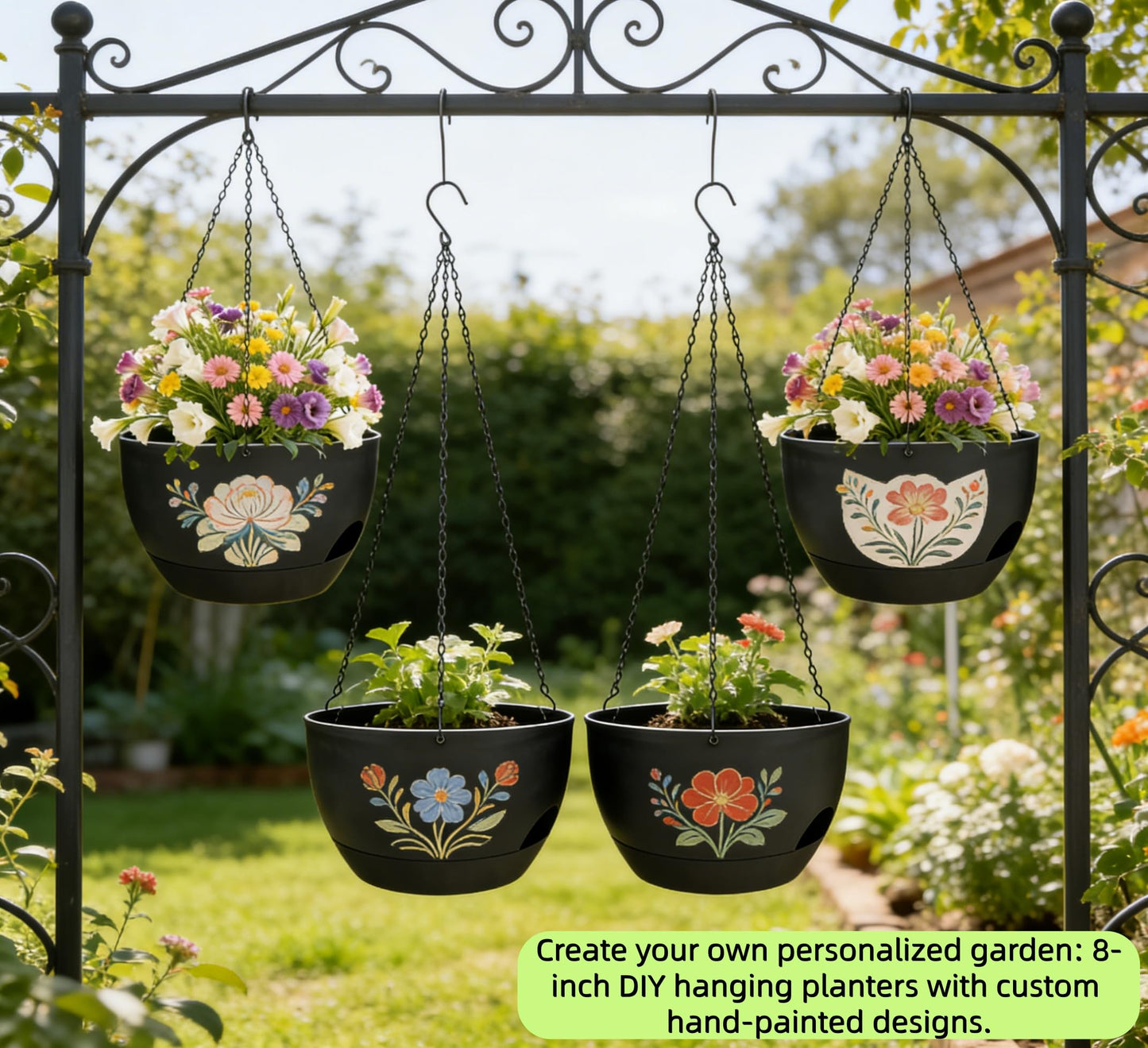 zople Set of 4-8 Inch Self Watering Hanging Planters for Indoor Outdoor，Hanging Plant Pots with Drainage & Removable Tray, Hanging Pots Holder for Ivy, Pothos, Ferns, Balcony & Patio, Black