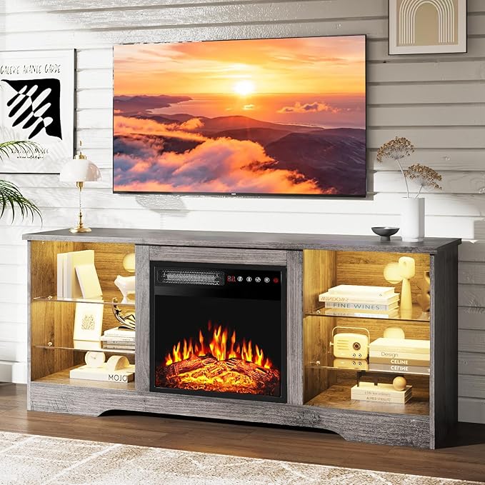 PRETZI Fireplace TV Stand with 18" Fireplace Up to 65" TVs, TV Media Console